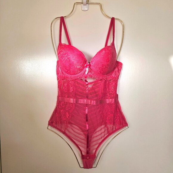 NWOT Black Fuchsia by Secret Lace Mesh Bodysuit, S, M, Rose/Hot Pink - Picture 2 of 11